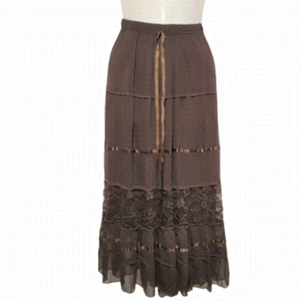 Brown Elastic Waist Flare Pleated Tiered Lace Skirt Size XXL/2TG- NWT